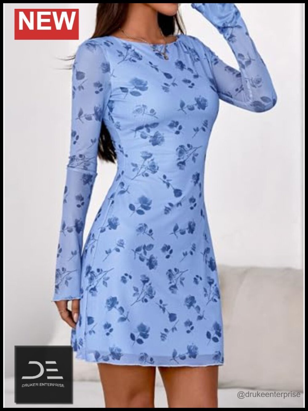 Women's Floral Long Sleeve Bodycon Mini Dress Boat Neck Bell Sleeve Mesh Club - Picture 2 of 6
